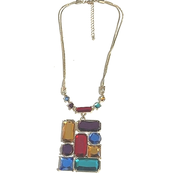 Jewelry - VINTAGE MULTICOLORED RHINESTONE PENDANT DOUBLE SNAKE CHAIN 18-21" NECKLACE